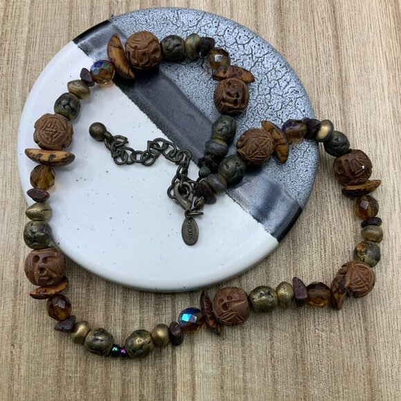 Chico's Vintage Boho Wood Stone Beaded Collar Necklace - Picture 3 of 6